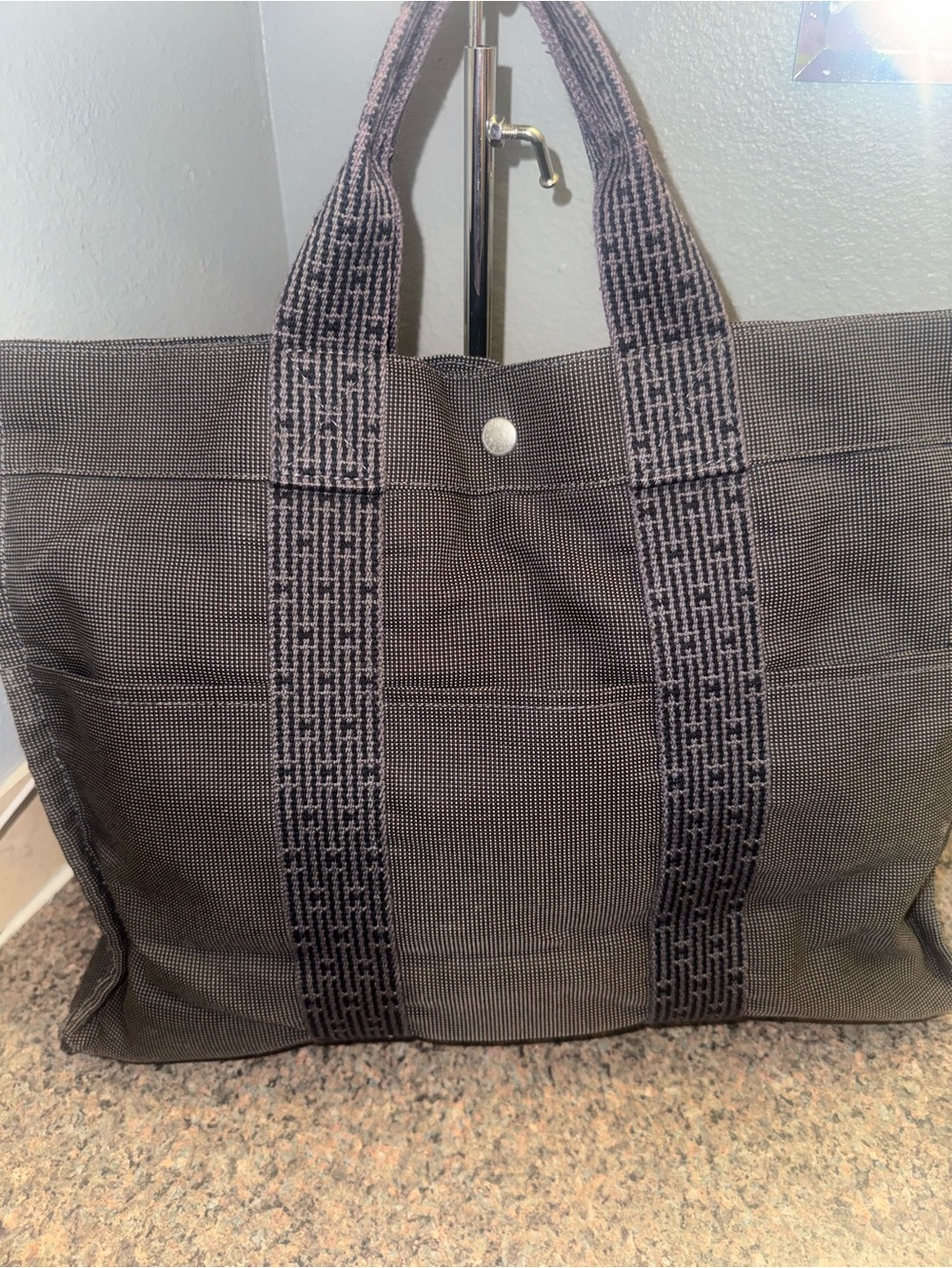 Hermes large Black and Gray Canvas Tote.
